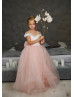 Peach Pearl Beaded 3D Flowers Tulle Flower Girl Dress With Train